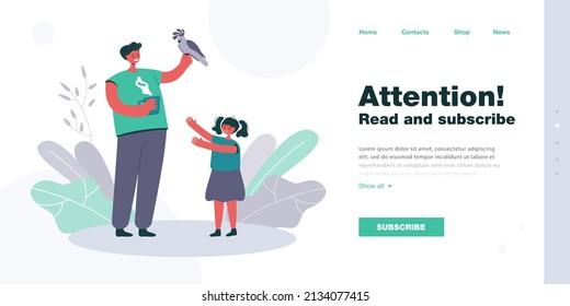 Father holding parrot in hand while drinking tea or coffee. Daughter asking for playing with bird flat vector illustration. Pet, exotic animals concept for banner, website design or landing web page