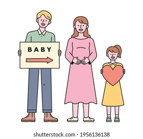 A father holding a picket A pregnant mother a child holding a heart. flat design style minimal vector illustration.