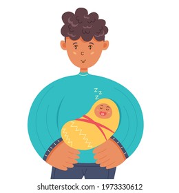 Father holding a sleeping baby in his arms. Family, Father, and Mother's Day. Vector character illustration