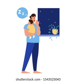 Father Holding Sleeping Baby. Tired Dad And Sleepy Child. Parent Put Baby To Sleep. Isolated Vector Illustration In Cartoon Style