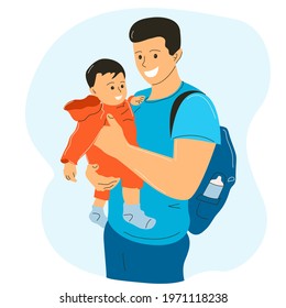 The father is holding a small child in his arms. Illustration for the holiday, Father's Day.