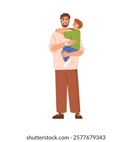 Father holding son in arms. Happy dad and child relationship. Man parent carrying kid in hands. Family, daddy and boy hugging, laughing, smiling. Flat vector illustration isolated on white background