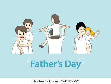 Father holding son and daughter on blue background. Happy Fathers Day. Cartoon vector illustration.