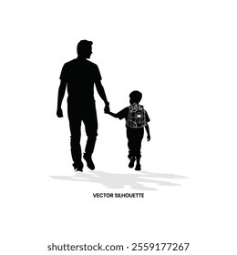 Father holding son for going to school silhouette. Dad and son icon sign or symbol. Fatherhood logo