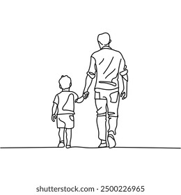 Father holding son hands and walking together line art vector illustration isolate background.