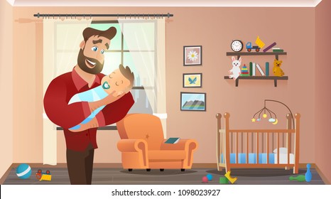 Father Holding Son At Home Interior Child Room. Baby Sleep On Father’s Hands. Vector Illustration Of Cartoon Character. Handsome Man Indoor With Kid. Fathers Day Concept.