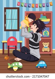 Father Holding Son At Home Interior Child Room