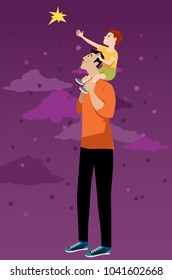 Father holding son on his shoulder, lifting up to the sky to reach a star, EPS 8 vector illustration 