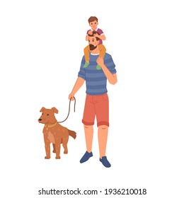 Father holding son on shoulders walking with dog isolated pet owner with canine animal on lash, flat cartoon characters. Vector man and boy with pedigree puppy best friend companion, leisure time