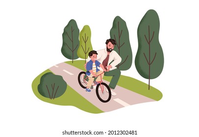 Father Holding Son's Bike While Teaching Kid To Ride Bicycle. Boy Learning To Cycle With Help Of Dad. Parent And Child Spending Time Together. Flat Vector Illustration Isolated On White Background.