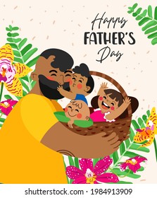 A father holding sons and daughter in his arms. Element cards for Father's Day. Vector illustration on a white background.