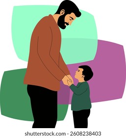 father holding son's hands illustration, isolated loving father and child family moment parental support bonding abstract background shapes father's day