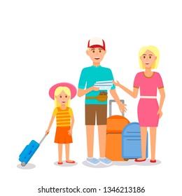 Father Holding Tickets, Mother and Little Daughter Characters Travelling with Luggage. Happy Young Family with Little Girl Isolated on White Background. Cartoon Flat Vector Illustration, Clip Art.