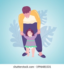 Padre sosteniendo manos de niños que tratan de caminar. Niña linda dando los primeros pasos con la ayuda de papá. Ilustración vectorial colorida. Estilo de la caricatura