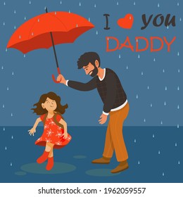Father holding umbrella to cover her daughter from raining who bring school bag and wear red rubber boots on a rainy day. Best for happy father's day greeting card, poster.