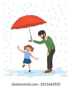 Father holding an umbrella over his daughter in the raining day