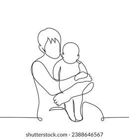 father holds a baby in arms, who stands with legs on the lap - one line art vector. concept of caring for the baby, parent on maternity leave to care for the child