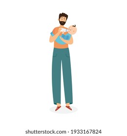 Father holds the baby in his arms and feeds him from a bottle, flat vector illustration isolated on white background. Parenting and fatherhood concept.