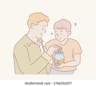 The father holds the child in his arms and puts a coin in a jar. Happy child holds a jar of coins.hand drawn style vector design illustrations.