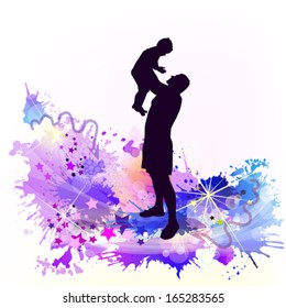 Father holds child on hands. Vector