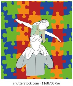 father holds a child on his shoulders. against the background of puzzles, symbols of autism. vector illustration.