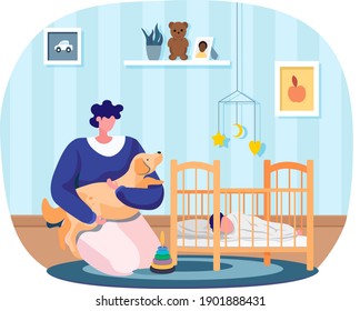 Father holds dog in hands sings lullaby to child in baby crib. Happy family, maternity leave and glad motherhood. Young man spend time at home with his infant in childrens room in evening at home