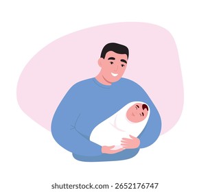 Father holds his baby in his arms. Parent takes care of the child. Vector flat graphics.
