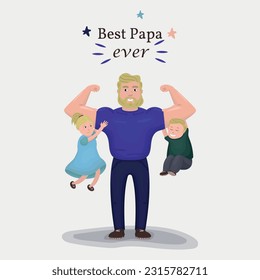 a father holds his children on his shoulders. The inscription of the best dad. Strong adult, safety for the child. Happy childhood, family, family values, birthday, father's day. father, son, daughter