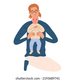 The father holds his little son in his arms. Fatherhood concept. Newborn baby and daddy. Vector illustration hand drawing style