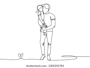 The father holds his son in his arms. Family illustration. Father's Day. One line drawing for different uses. Vector illustration.