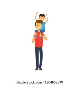 father holds his son on back over white background, happy family concept, flat cartoon design vector illustration