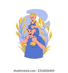 Father holds his son on Father's Day flat design with flowers vector illustration