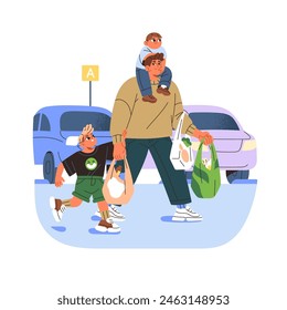 Father holds his son on shoulders. Dad with happy children carries bags of goods from store. Family man goes to shopping in grocery with kids. Flat isolated vector illustration on white background