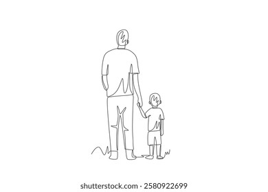 Father holds his son's hand. Father and son concept one-line drawing