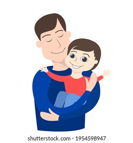 The father holds a little boy in his arms. The child and the parent are drawn in a cartoon childish style. The mood of joy, trust in the family, carelessness and childish happiness.
