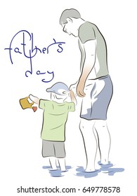 The father holds the little son by the hand. Boy holds a toy watering can in her hand. The inscription is by the hand of Father's Dai. Colored Vector illustration.