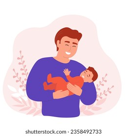 The father holds a small child in his arms. Dad and son together. Happy family. Vector graphics.