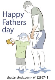 Father holds a small son by the hand. The boy is holding a watering can. Illustration on the theme of Father's Day and Parental Care