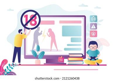 Father holds warning label. Parental control for gaming. Age restriction. Child want to play video games. 18 plus game or content. Prohibition sign. Ban for adult games on console. Vector illustration
