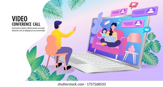 Father at home with tablet, video chatting with his family. Mom and little daughter communicate via video conferencing with the dad. Vector illustration.