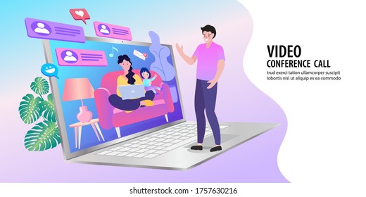 Father at home with tablet, video chatting with his family. Mom and little daughter communicate via video conferencing with the dad. Vector illustration.