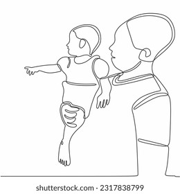 father hug child line art. One continuous line drawing banner, background, poster with family embrace. Happy Father Day simple vector illustration of child and father.