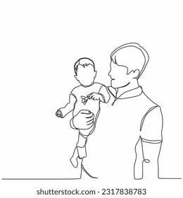 father hug child. One continuous line drawing banner, background, poster with family embrace. Happy Father Day simple vector illustration of child and father.