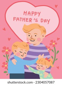 Father hug his son and daughter with love cartoon style for illustration.