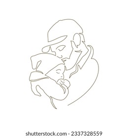 Father hug kiss little baby son with love and tenderness continuous line art style logo vector illustration. Happy family daddy and newborn child kid parenthood fatherhood minimal icon Father's Day