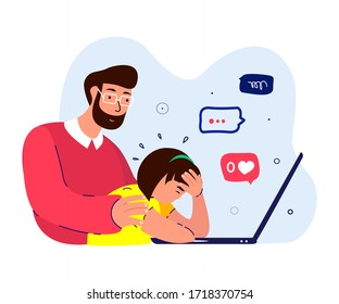 Father Hug Support,Maintain Disappointed Depressed Daughter.Teenager Girl,No Zero Like,Dislike.Worried, Sad Anxited Frustrated.Upset Stressed Adolescent.Dad Protect Teen Child.Flat Vector Illustration
