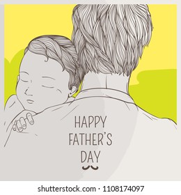 Father Huge her son in chest after back from office. Greeting Card for Father Day, Vector Illustration