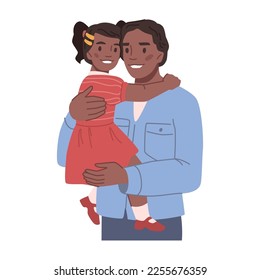 Father hugging daughter, holding kid on hands and smiling. Happy family members cuddling and bonding. Warm relationships between afro american child and parent. Vector in flat style