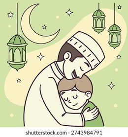 Father hugging his child under the moon and stars, warm family illustration