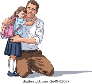 Father hugging his daughter before school, illustration of family love and support concept